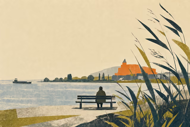 Stilisierte Illustration des Rheinufers mit Bank, windbewegtem Schilf und einem kleinen Boot am Horizont.
