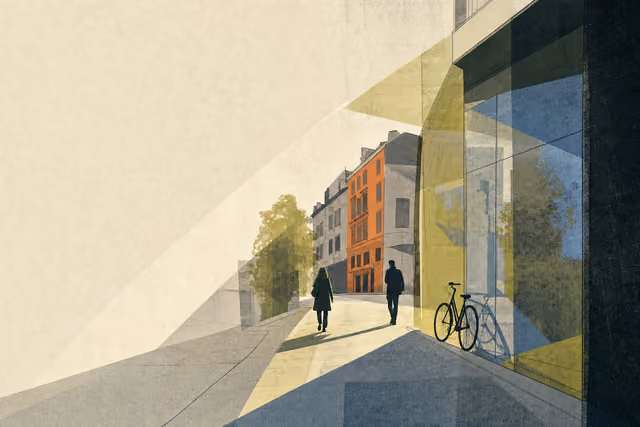 Stilisierte Straßenszene mit schrägem Nachmittagslicht, Glasreflexen und zwei vorbeiziehenden Silhouetten.