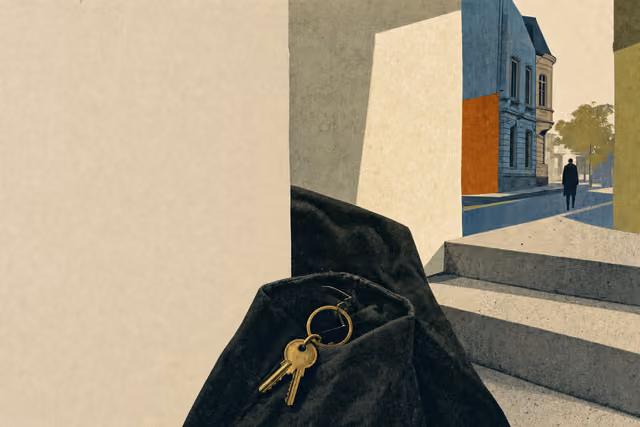 Stilisierte Illustration eines Schlüsselbunds in einer Jackentasche neben einer hellen Treppenstufe.