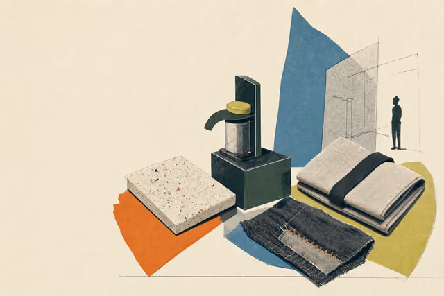 Stilisierte Collage aus vier unmarkierten Alltagsobjekten, Materialprobe, Maschinenform, Textil und Reparaturstück.