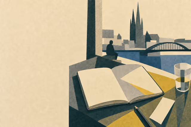 Stilisierte Illustration eines offenen Notizbuchs mit leeren Feldern, Bleistift und einem Zettel im Abendlicht.