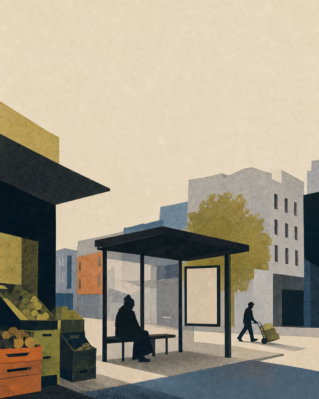 Stilisierte Illustration geteilter Stadtflächen: blaue Fläche mit hellen Hausblöcken als schematische Fassadenreihe.